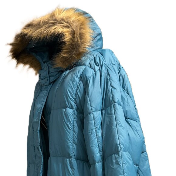 Womens Winter Coat with Fur Trim Hood-Teal with Brown Faux Fur, sz 3X - Picture 2 of 13
